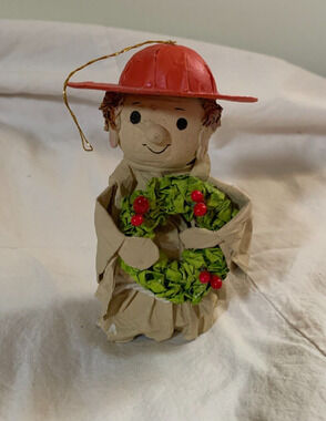 Vintage Paper Mache Christmas Ornament RED HAT Wreath Franciscan Monk Gift 5.5"